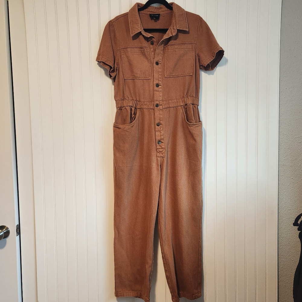TEA N ROSE Brown 100% Cotton Denim Button Front Utility Jumpsuit Large